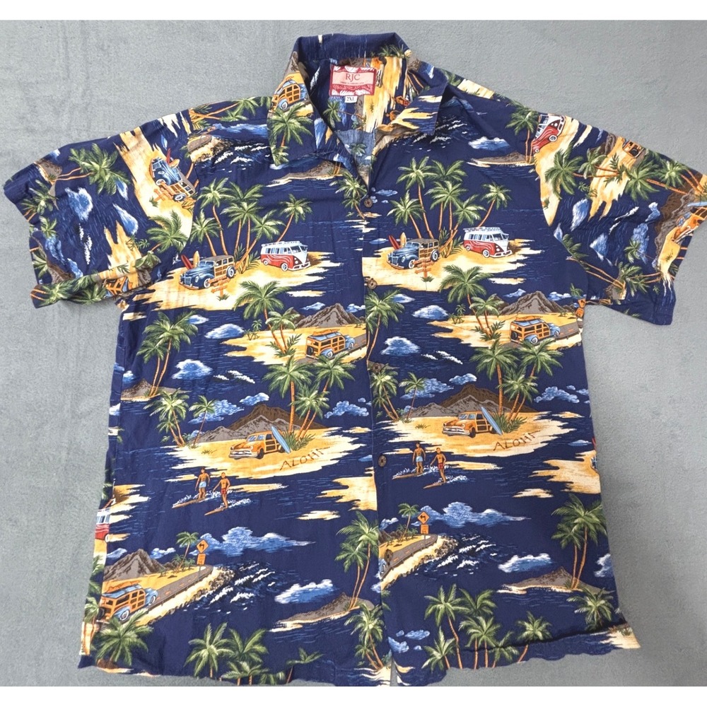 RJC Hawaiian Aloha Shirt Men's 2XL Made in Hawaii Surf Woody VW Bus Beach Camp - Picture 3 of 11